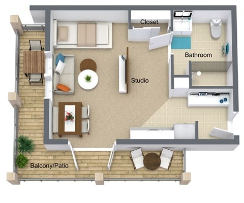 Floor plan for 1 bed, 1 bath, 391 sqft